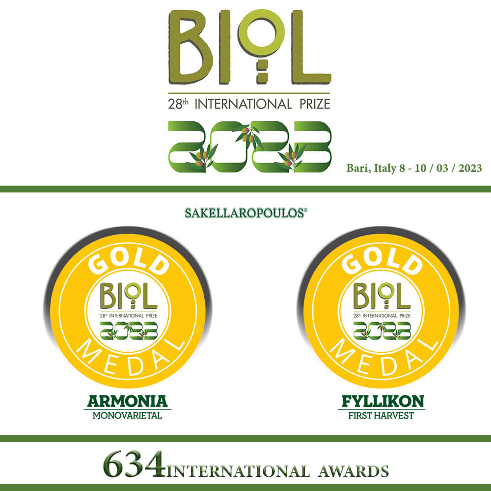 PREMIO BIOL 2023 Italy Greek Organic Extra virgin olive oil Fyllikon Armonia certified Gold award record Sakellaropoulos Farms