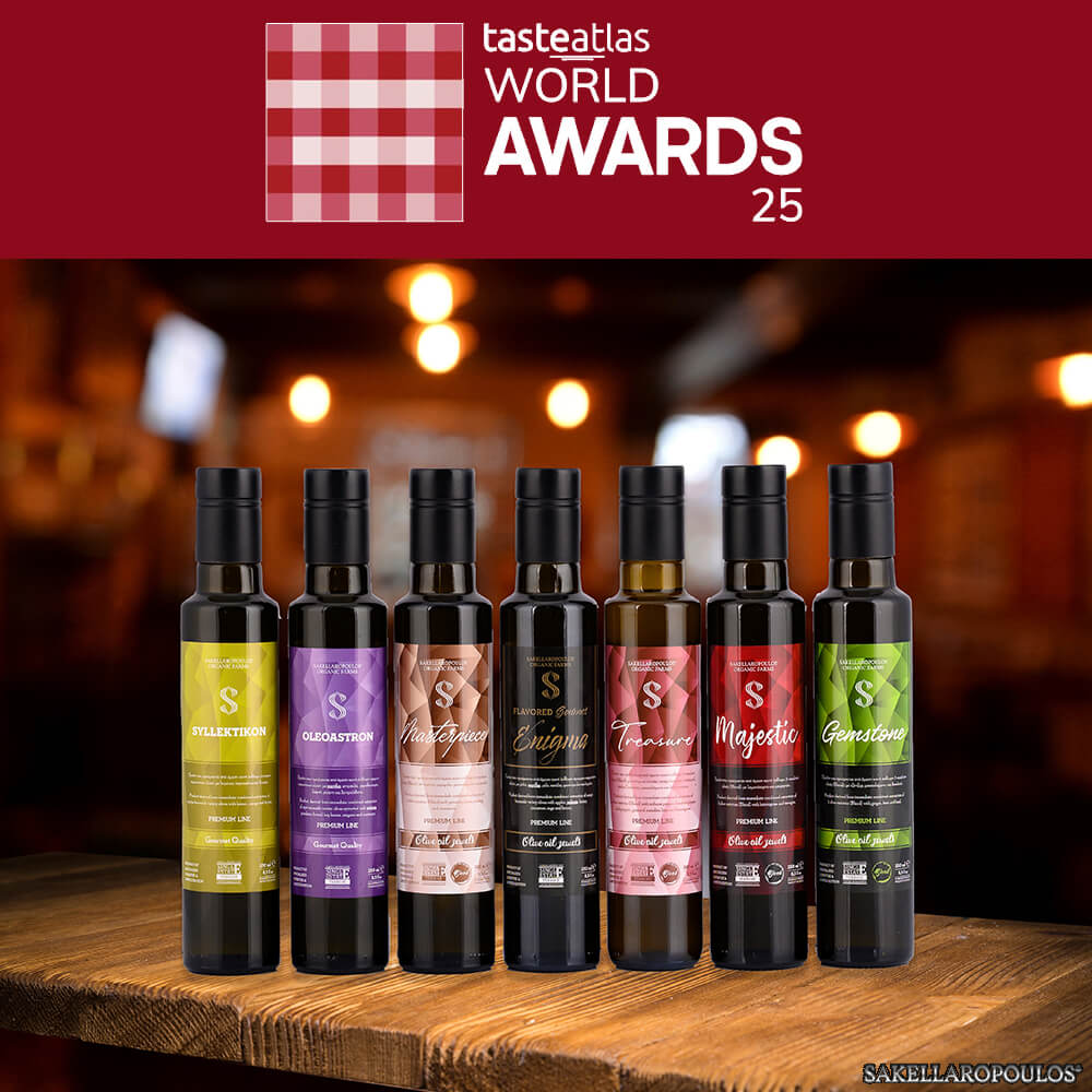 Taste atlas gastronomic competition list 2025 best olive oils flavored gourmet Sakellaropoulos olive awards world record Masterpiece evoo culinary
