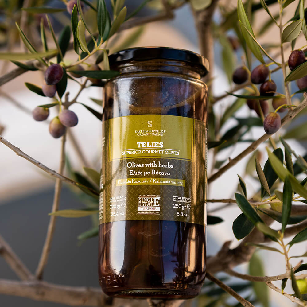 Organic Kalamata olives telies with herbs healthy superior gourmet high phenolic tyrosol